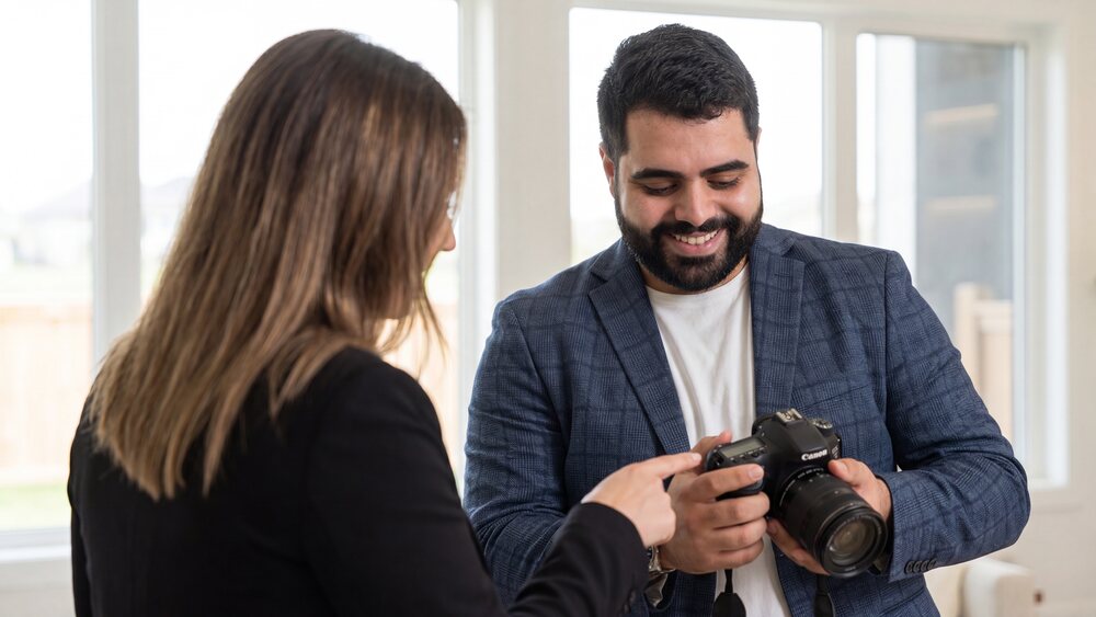Ariel reviewing a shot on camera with a real estate agent