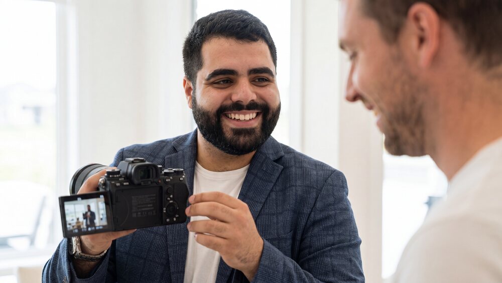 Ariel showing a happy client the footage on camera